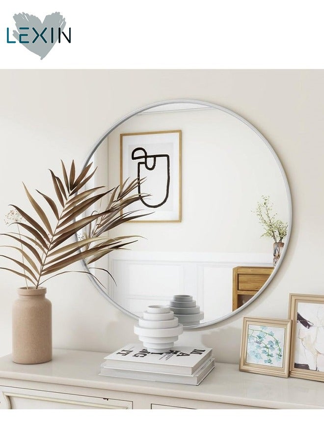 LEXIN Round Mirror, Silver Metal Frame Wall Mounted Round Mirror, Wall Mirror for Entryway, Bathroom, Dressing Table, Living Room(Silver)  - Image 1
