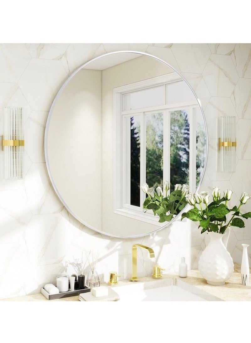 LEXIN Round Mirror, Silver Metal Frame Wall Mounted Round Mirror, Wall Mirror for Entryway, Bathroom, Dressing Table, Living Room(Silver)  - Image 2