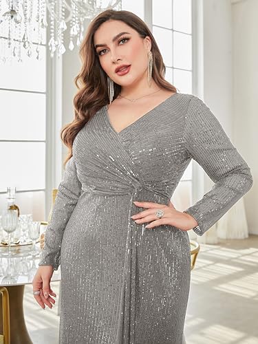 XUIBOL Plus Size Glitter Sequin Formal Evening Gown Long Sleeve V Neck Wedding Guest Dress for Women Grey 2XL - Image 5