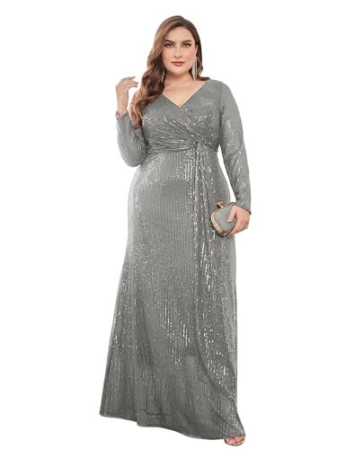 XUIBOL Plus Size Glitter Sequin Formal Evening Gown Long Sleeve V Neck Wedding Guest Dress for Women Grey 2XL - Image 1