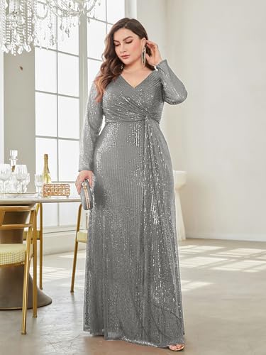 XUIBOL Plus Size Glitter Sequin Formal Evening Gown Long Sleeve V Neck Wedding Guest Dress for Women Grey 2XL - Image 3