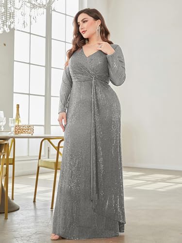 XUIBOL Plus Size Glitter Sequin Formal Evening Gown Long Sleeve V Neck Wedding Guest Dress for Women Grey 2XL - Image 4