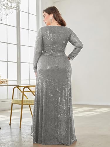 XUIBOL Plus Size Glitter Sequin Formal Evening Gown Long Sleeve V Neck Wedding Guest Dress for Women Grey 2XL - Image 2