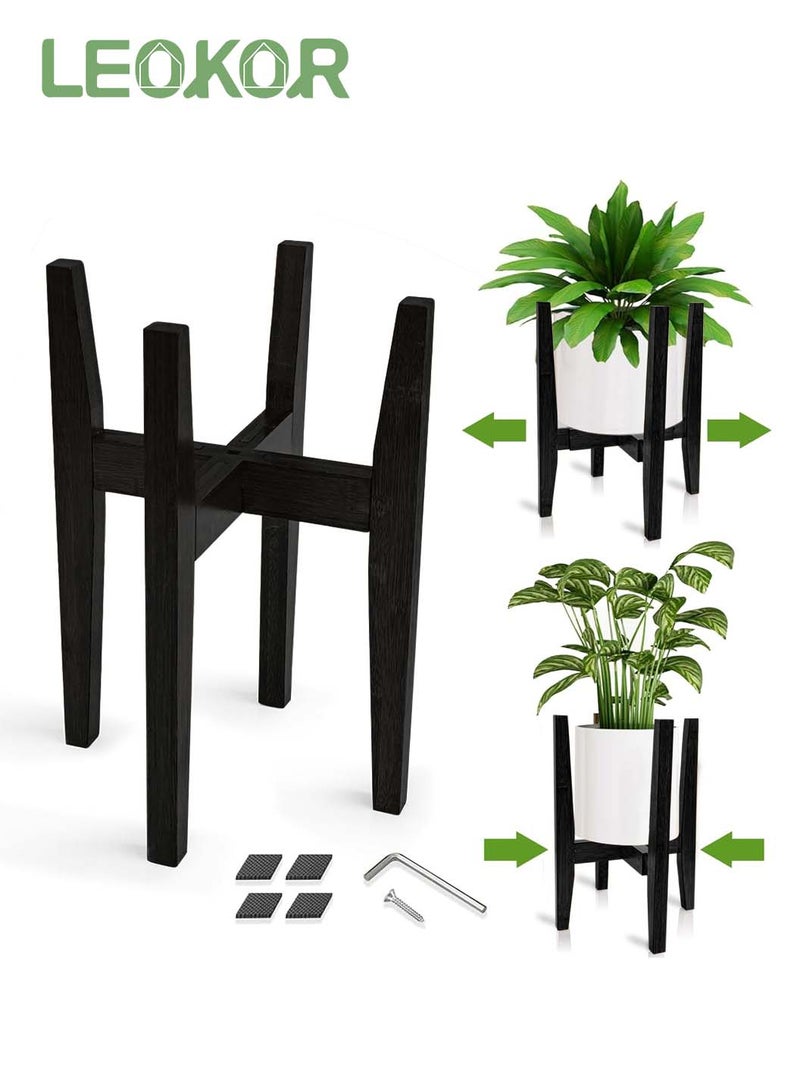LEOKOR Plant Stand Indoor, Bamboo Plant Shelf, Adjustable Corner Plants Flower Holders Single Floor Plant Stand, Fits 8 to 12 Inches Pots (Black) - Image 1