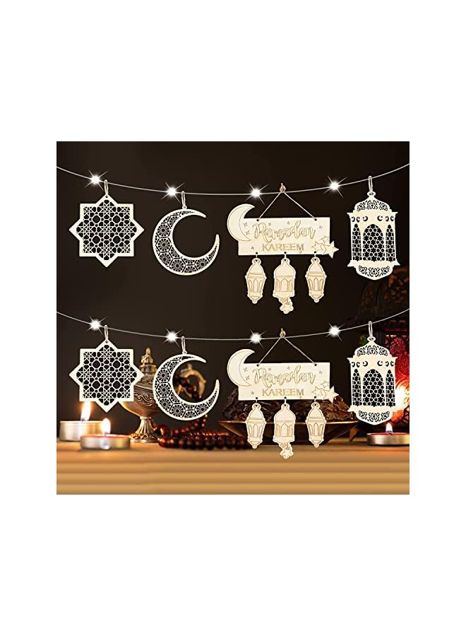 The Bros Ramadan Decorations Set, 8 Wooden Lantern Baubles and Hanging Plaque Ornaments with Warm White 3M 30LED Battery-Operated Fairy String Lights for Home and Party Deco  - Image 2