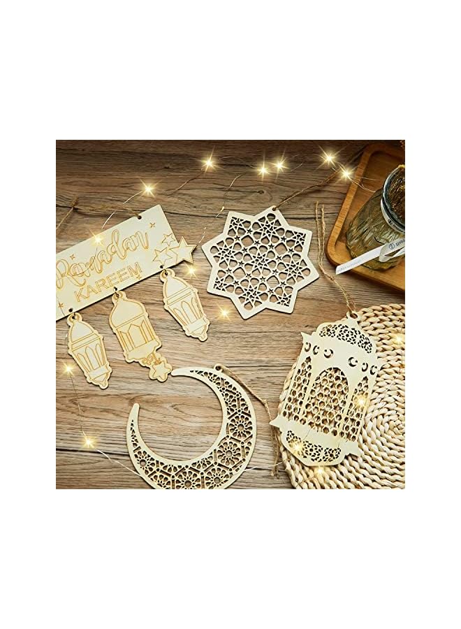 The Bros Ramadan Decorations Set, 8 Wooden Lantern Baubles and Hanging Plaque Ornaments with Warm White 3M 30LED Battery-Operated Fairy String Lights for Home and Party Deco  - Image 5