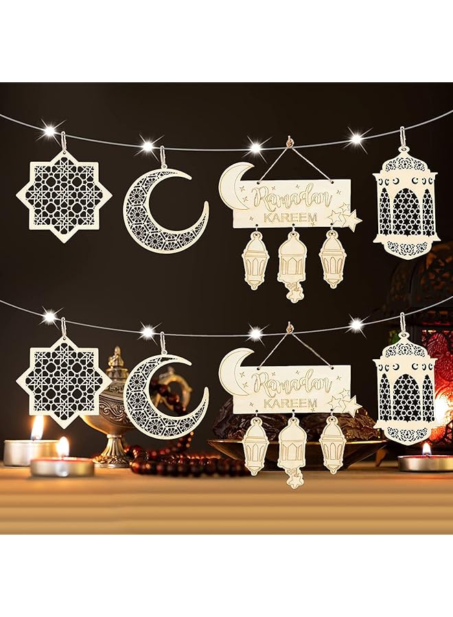 The Bros Ramadan Decorations Set, 8 Wooden Lantern Baubles and Hanging Plaque Ornaments with Warm White 3M 30LED Battery-Operated Fairy String Lights for Home and Party Deco  - Image 1