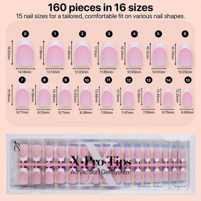 SXC Cosmetics French Tip Press On Nails Pink Short Coffin 160 Pieces in 16 Sizes Ultra Fit with Pre-applied Tip Primer and Base Coat, No Need to File Fake Nails for Nail Art DIY X-Pro Tips - Image 5