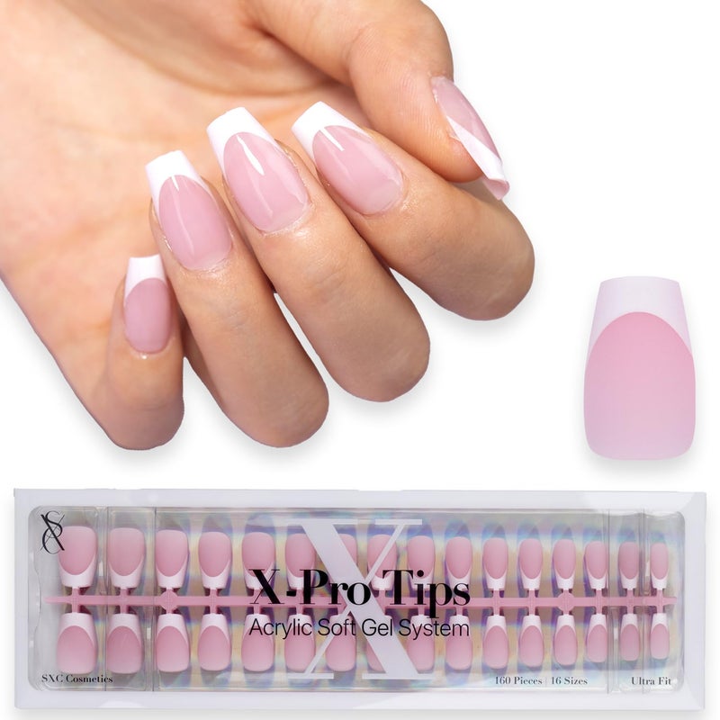SXC Cosmetics French Tip Press On Nails Pink Short Coffin 160 Pieces in 16 Sizes Ultra Fit with Pre-applied Tip Primer and Base Coat, No Need to File Fake Nails for Nail Art DIY X-Pro Tips - Image 1