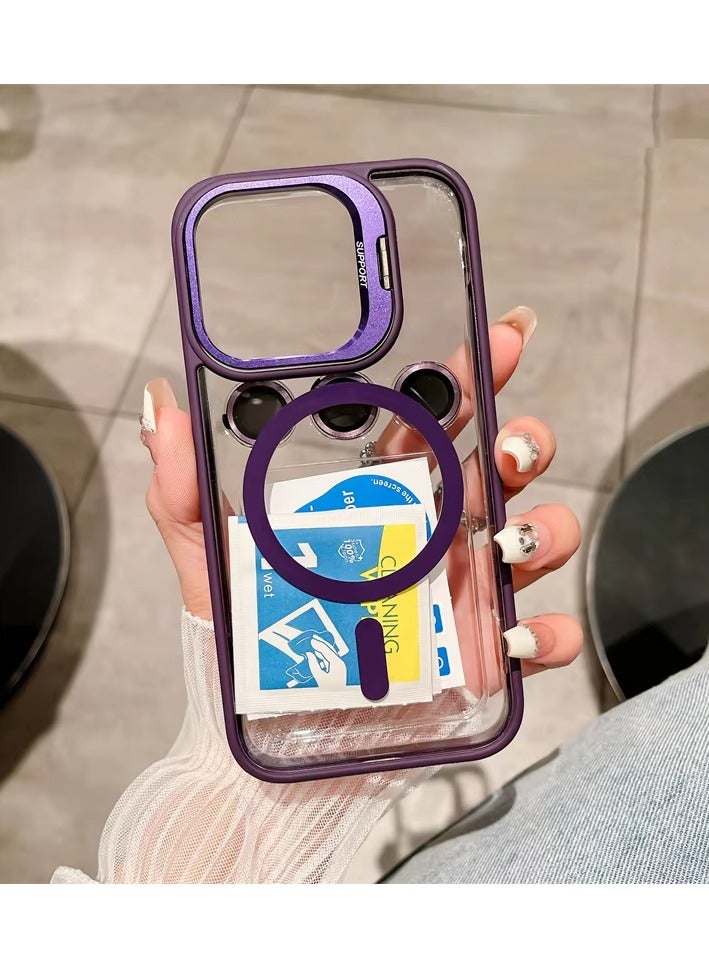 Folding Camera Bracket Matte Magnetic Case for iPhone 16 Pro Max, Wireless Charging with Lens Film Shock-proof Cover, Dark Purple - Image 1