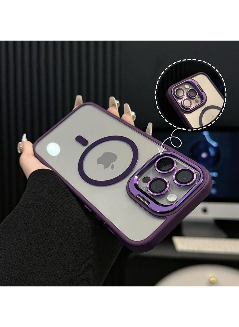 Folding Camera Bracket Matte Magnetic Case for iPhone 16 Pro Max, Wireless Charging with Lens Film Shock-proof Cover, Dark Purple - Image 2