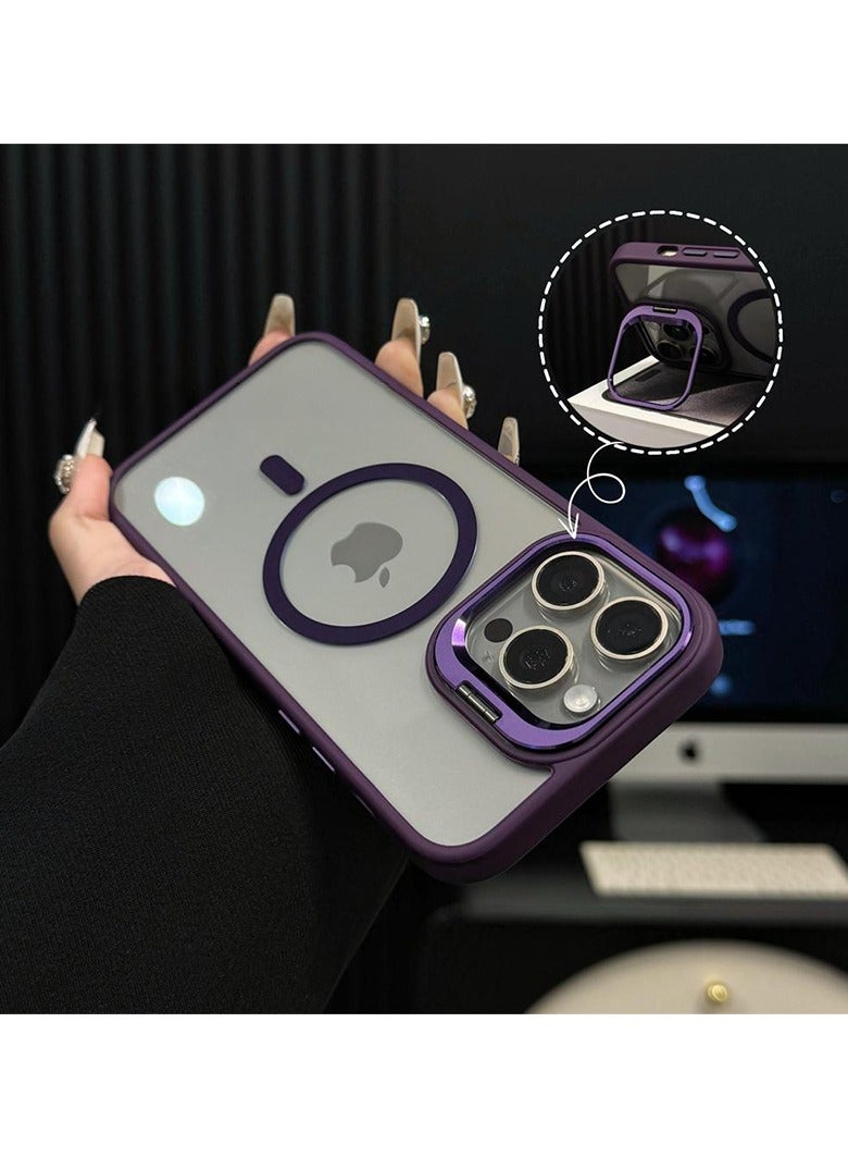 Folding Camera Bracket Matte Magnetic Case for iPhone 16 Pro Max, Wireless Charging with Lens Film Shock-proof Cover, Dark Purple - Image 3