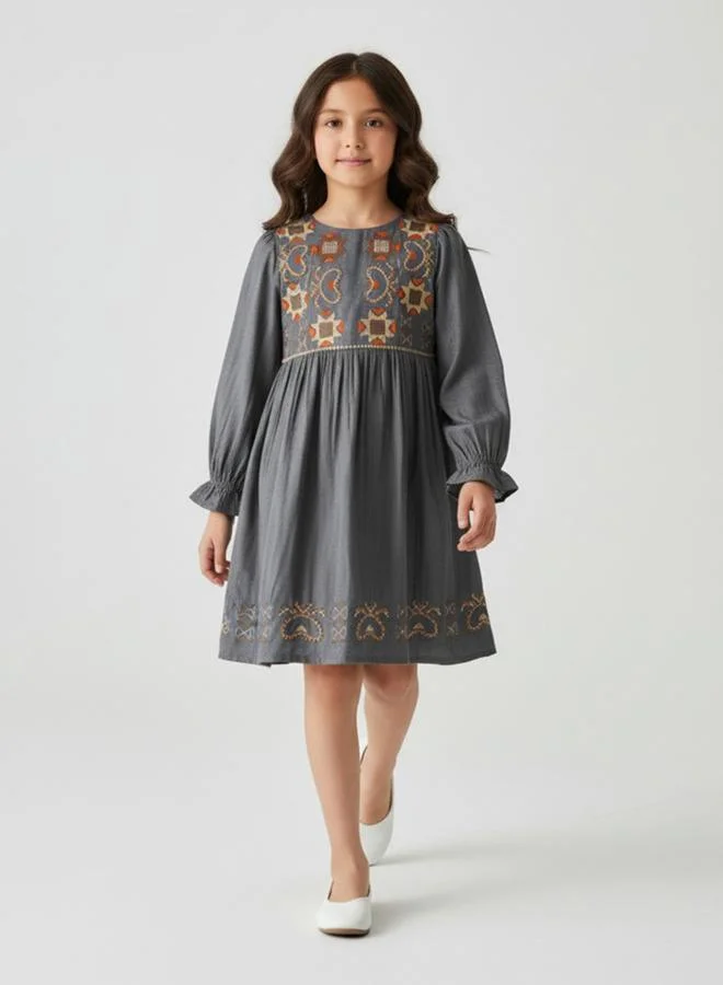 Bella Moda Girls Grey Embroidered Pleated Details A-Line Midi Dress