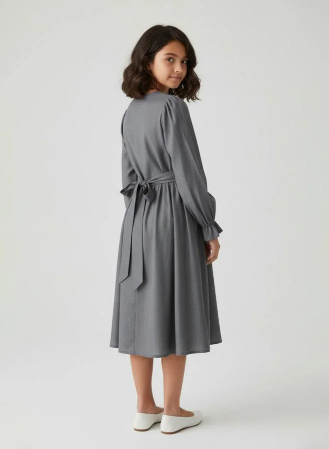 Bella Moda Girls Grey Embroidered Pleated Details A-Line Midi Dress