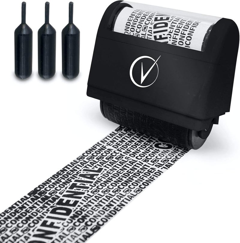 Vantamo Identity Theft Protection Roller Stamps Wide Kit - Confidential Roller Stamp, Anti Theft, Privacy & Security Stamp, Designed for ID Blackout Security - Classy Black with 3 Refills - Image 1