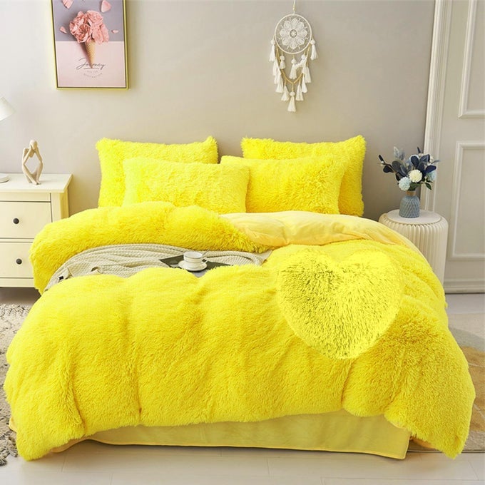5 PCS SHAGGY DUVET COVER BEDDING SET FLUFFY COMFORTER COVER LONG FAUX FUR LUXURY ULTRA SOFT COZY YELLOW KINGCALIFORNIA KING