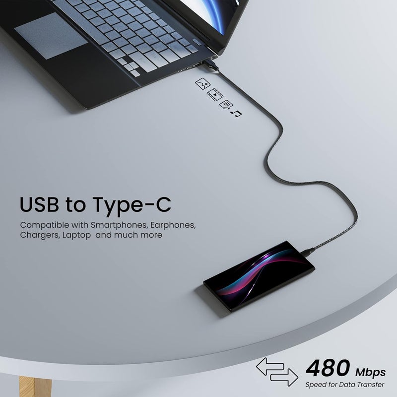 AMBRANE كابل شحن سريع 3A غير قابل للكسر بطول 1.5 متر من نوع C للأجهزة الذكية، والأجهزة اللوحية وغيرها من أجهزة Type C، سرعة نقل بيانات 480Mbps، شحن سريع 3.0 (RCT15A، أسود) - Image 3