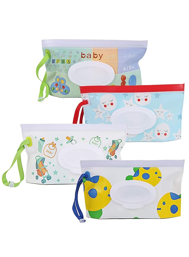 FEBSNOW 4 Pack Baby Wipes Container Reusable Portable Wet Wipe Pouch Wipe Dispenser Container Baby Travel Wet Wipe Holder 