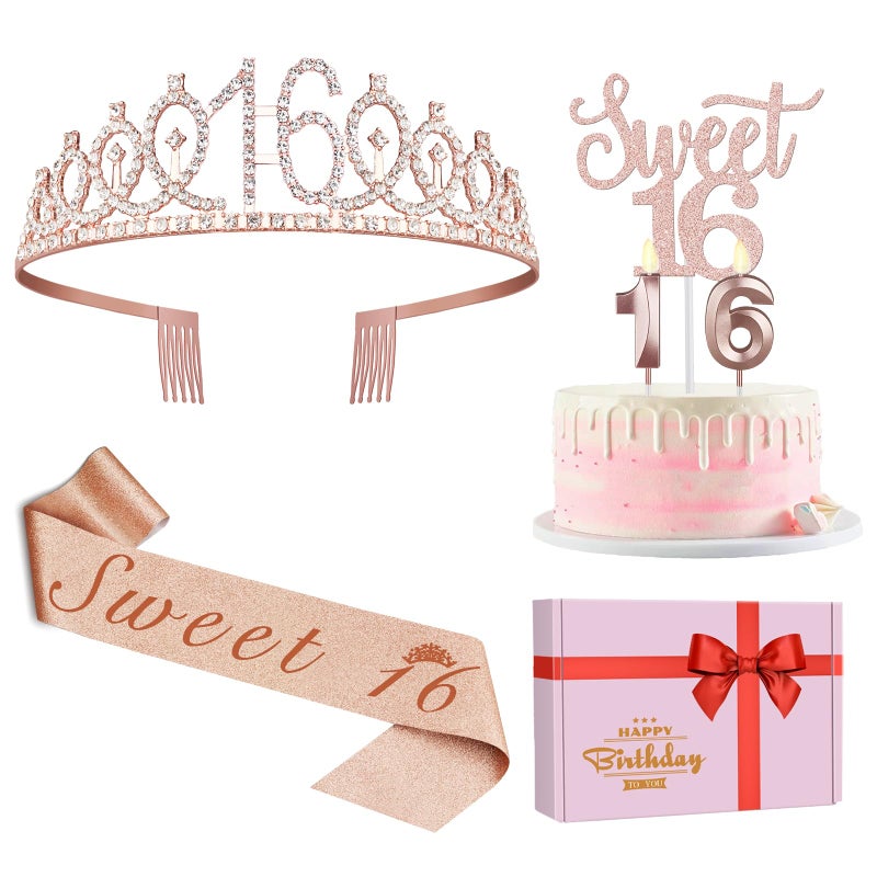 Sweet 16 Party Decorations for Girls Including Sash and Tiara Cake Topper and Candles 16th Birthday Decorations for Girls Sweet Birthday Gifts Party Favor Supplies