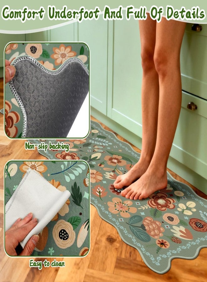 Tinideya Floral Kitchen Rug Set of 3 Boho Farmhouse Area Rugs Sage Green Washable Door Mat for Entryway Kitchen Floor Bathroom Laundry Front Porch Decor 17"x47"+17"x29"(Green) - Image 5