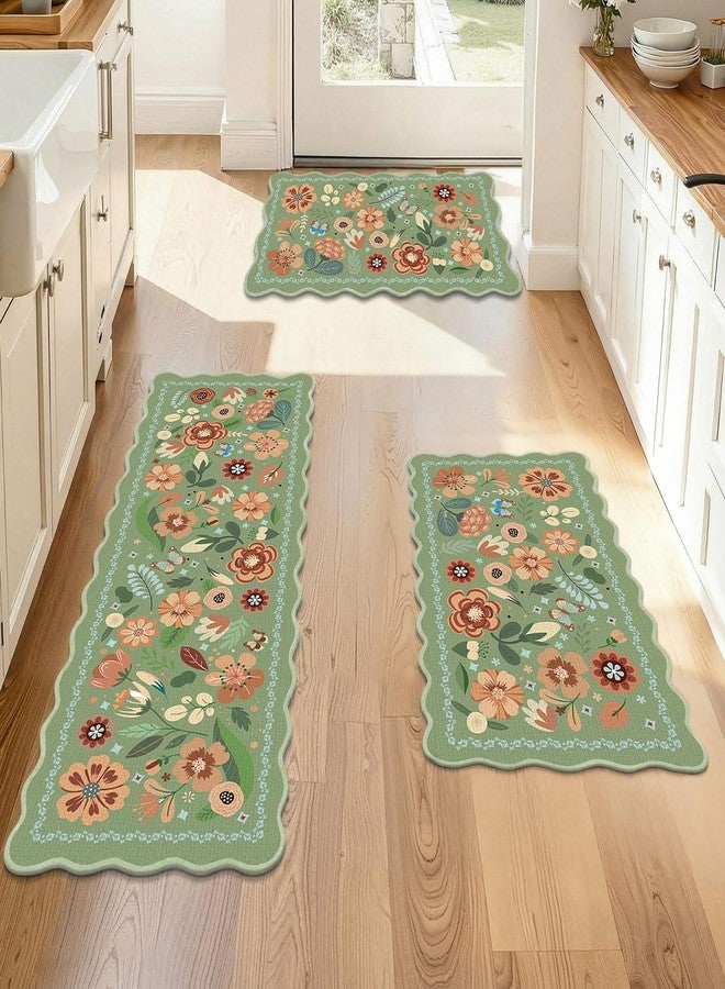 Tinideya Floral Kitchen Rug Set of 3 Boho Farmhouse Area Rugs Sage Green Washable Door Mat for Entryway Kitchen Floor Bathroom Laundry Front Porch Decor 17"x47"+17"x29"(Green) - Image 1
