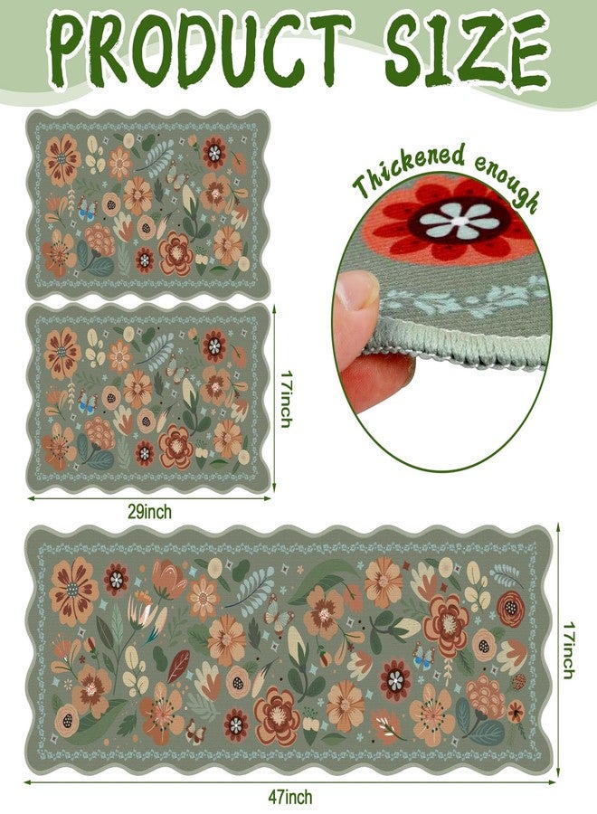 Tinideya Floral Kitchen Rug Set of 3 Boho Farmhouse Area Rugs Sage Green Washable Door Mat for Entryway Kitchen Floor Bathroom Laundry Front Porch Decor 17"x47"+17"x29"(Green) - Image 3