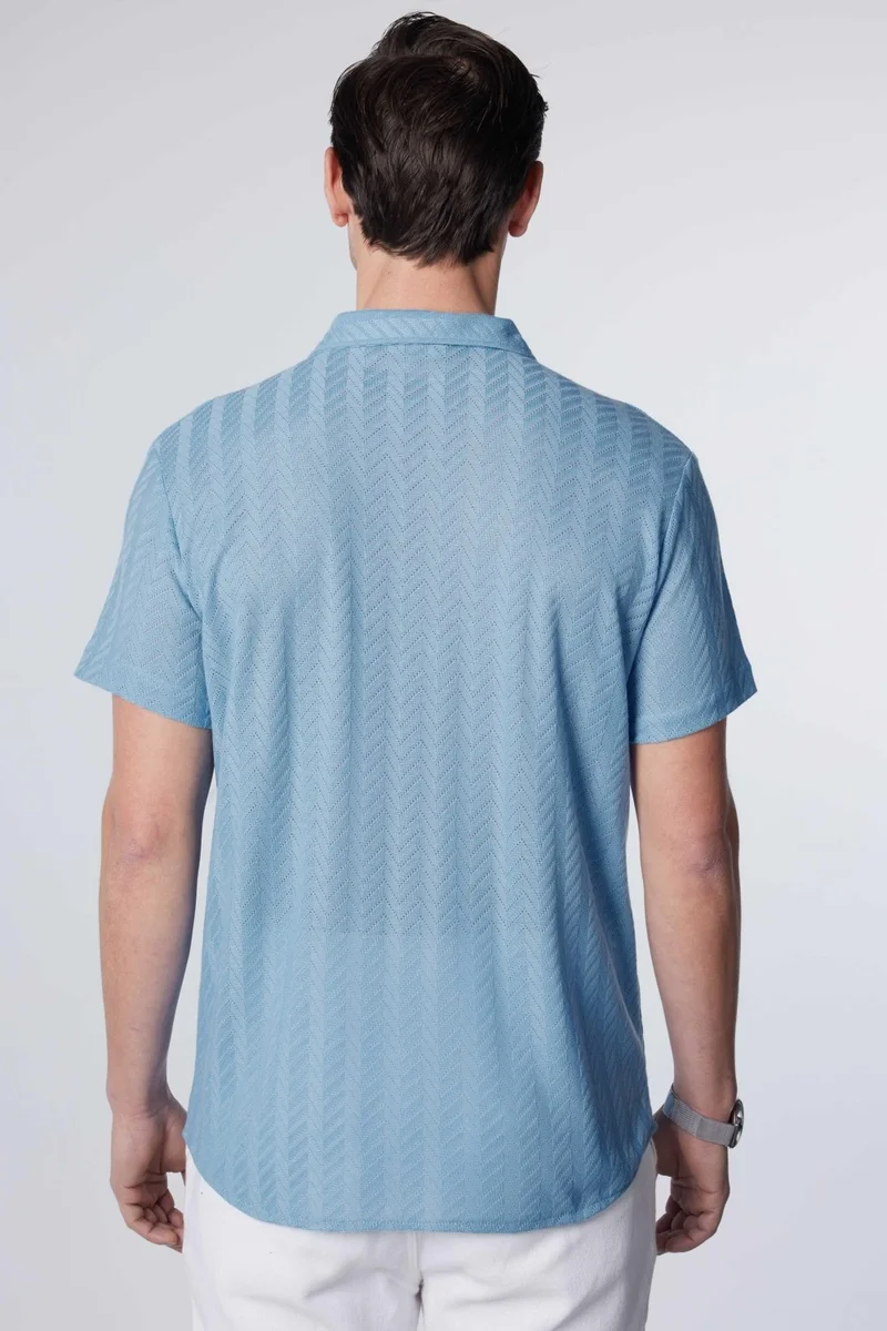 Tudors Slim Fit Slim Fit Short Sleeve Breathable Knitted Texture Dobby Patterned Summer Blue Men's Shirt