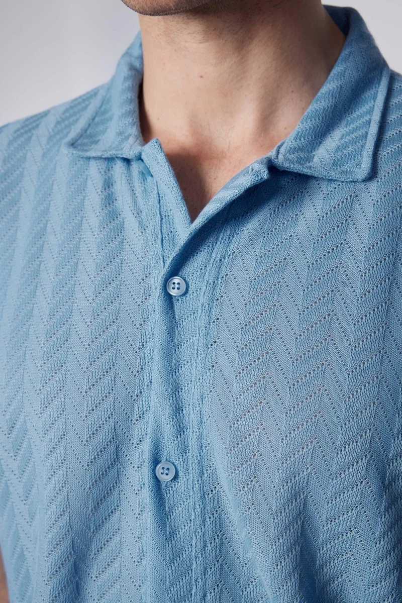 Tudors Slim Fit Slim Fit Short Sleeve Breathable Knitted Texture Dobby Patterned Summer Blue Men's Shirt