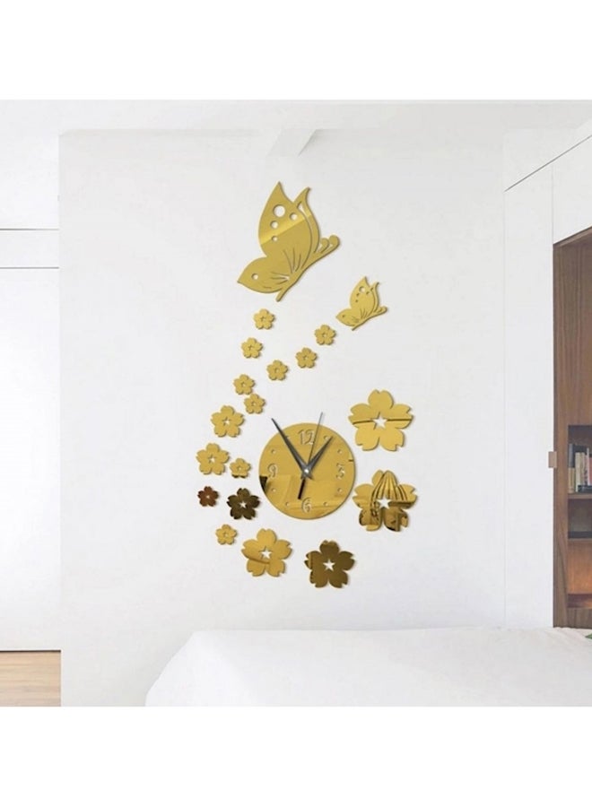 erfly And Flower Wall Clock 3D Acrylic Mirror Sticker Gold 41x70cm - Image 2