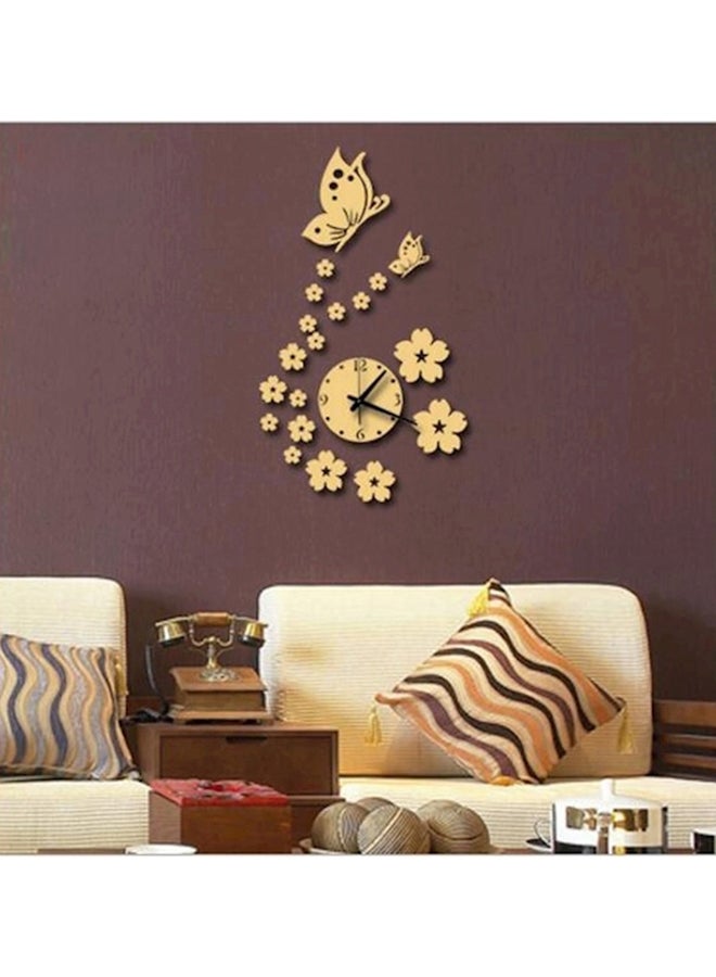 erfly And Flower Wall Clock 3D Acrylic Mirror Sticker Gold 41x70cm - Image 1