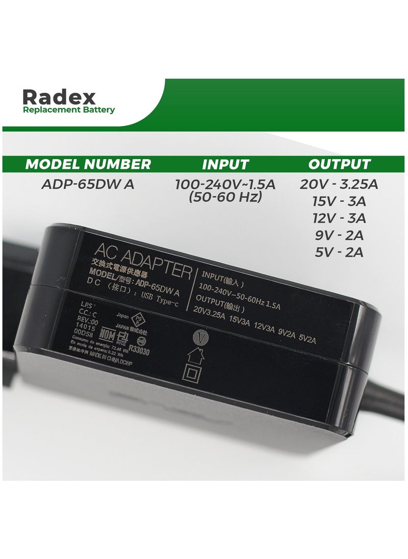 RADEX - Laptop Power Adapter (65W 20V / 3.25A) Compatible with Asus D550M, D550MA, Q301, Q301L, Q301LA, X551CA, X551M, X551MA, X551MAV X751MA (Without Power Cable) - Image 1