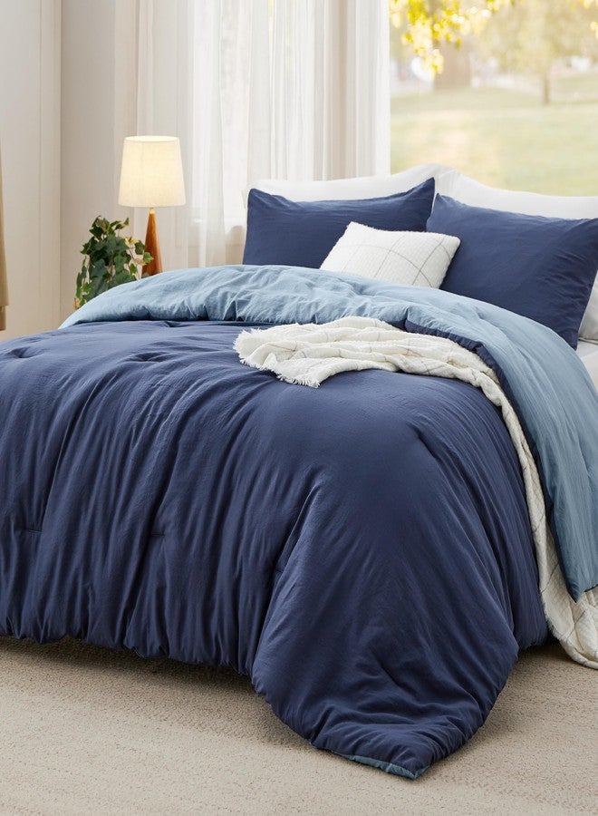 Bedsure Queen Size Comforter Set, Reversible Navy Soft Prewashed Bedding for All Seasons, 3 Pieces Warm Down Alternative Bed Set, 1 Lightweight Comforter (90"x90") and 2 Pillowcases (20"x26") - Image 1