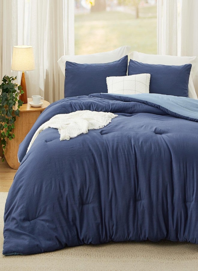 Bedsure Queen Size Comforter Set, Reversible Navy Soft Prewashed Bedding for All Seasons, 3 Pieces Warm Down Alternative Bed Set, 1 Lightweight Comforter (90"x90") and 2 Pillowcases (20"x26") - Image 2