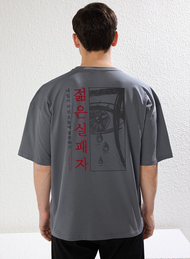 trendyol Anthracite Oversize 100% Cotton Anime Printed T-shirt - Image 1