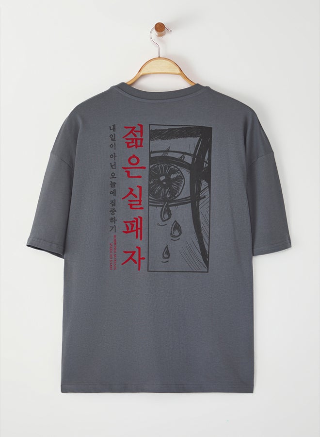 trendyol Anthracite Oversize 100% Cotton Anime Printed T-shirt - Image 3
