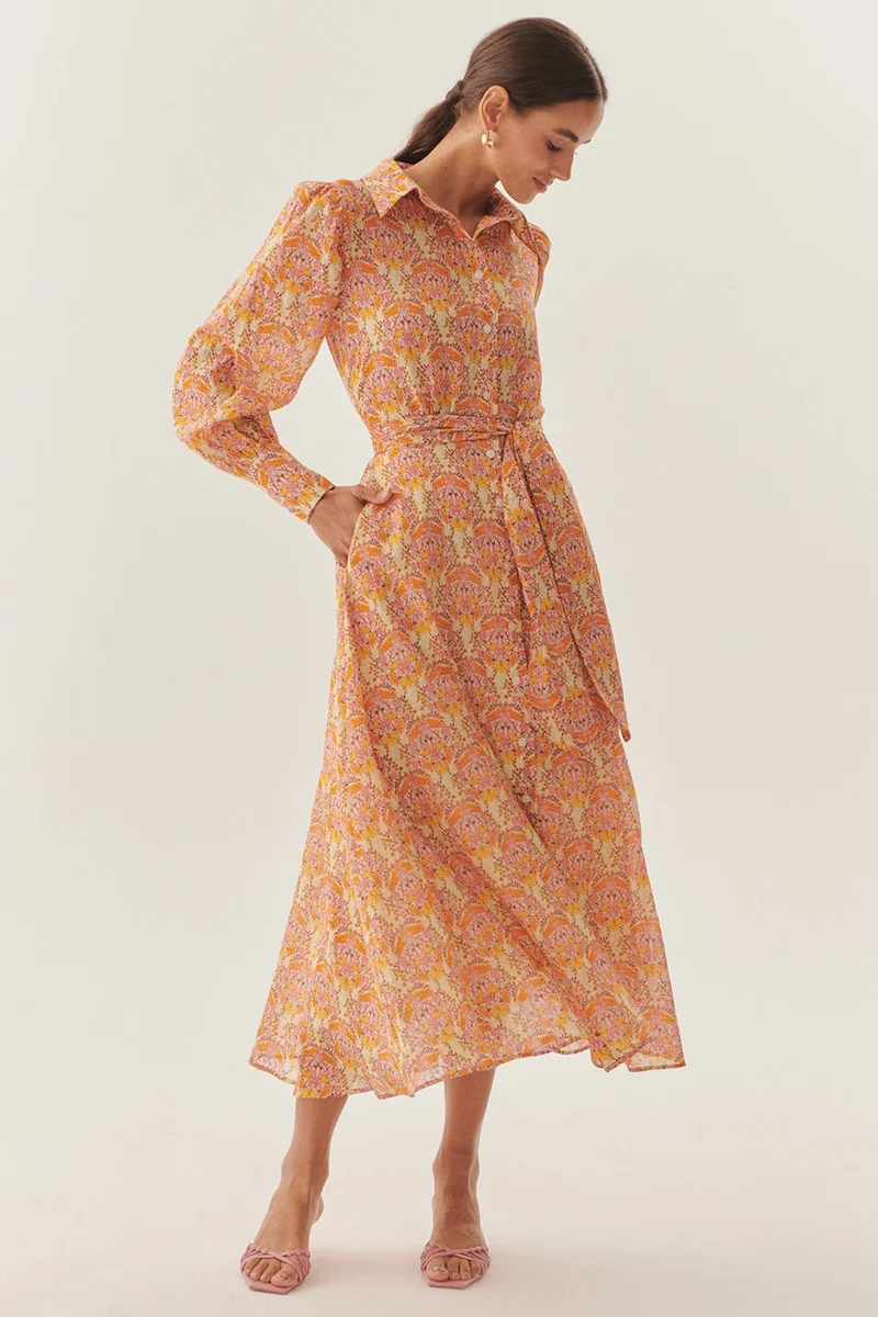 EXQUISE Shirt Collar Long Sleeve Belt Detail Floral Pattern Midi Dress