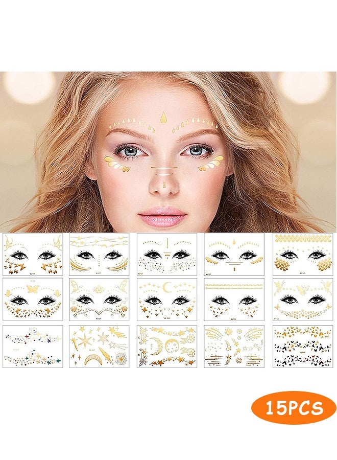 إم إكس إن 15 قطعة من ملصقات الوشم المؤقتة المقاومة للماء، رقع مكياج لامعة للوجه المعدني، ملصقات وشم مؤقتة لأزياء الهالوين وأعياد الميلاد للنساء - Image 1