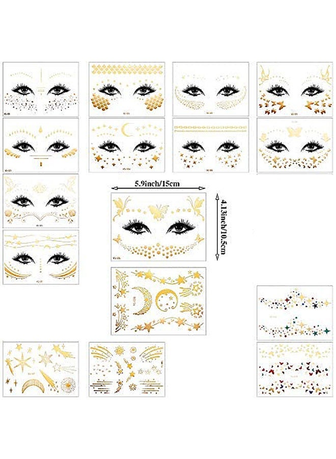 إم إكس إن 15 قطعة من ملصقات الوشم المؤقتة المقاومة للماء، رقع مكياج لامعة للوجه المعدني، ملصقات وشم مؤقتة لأزياء الهالوين وأعياد الميلاد للنساء - Image 2