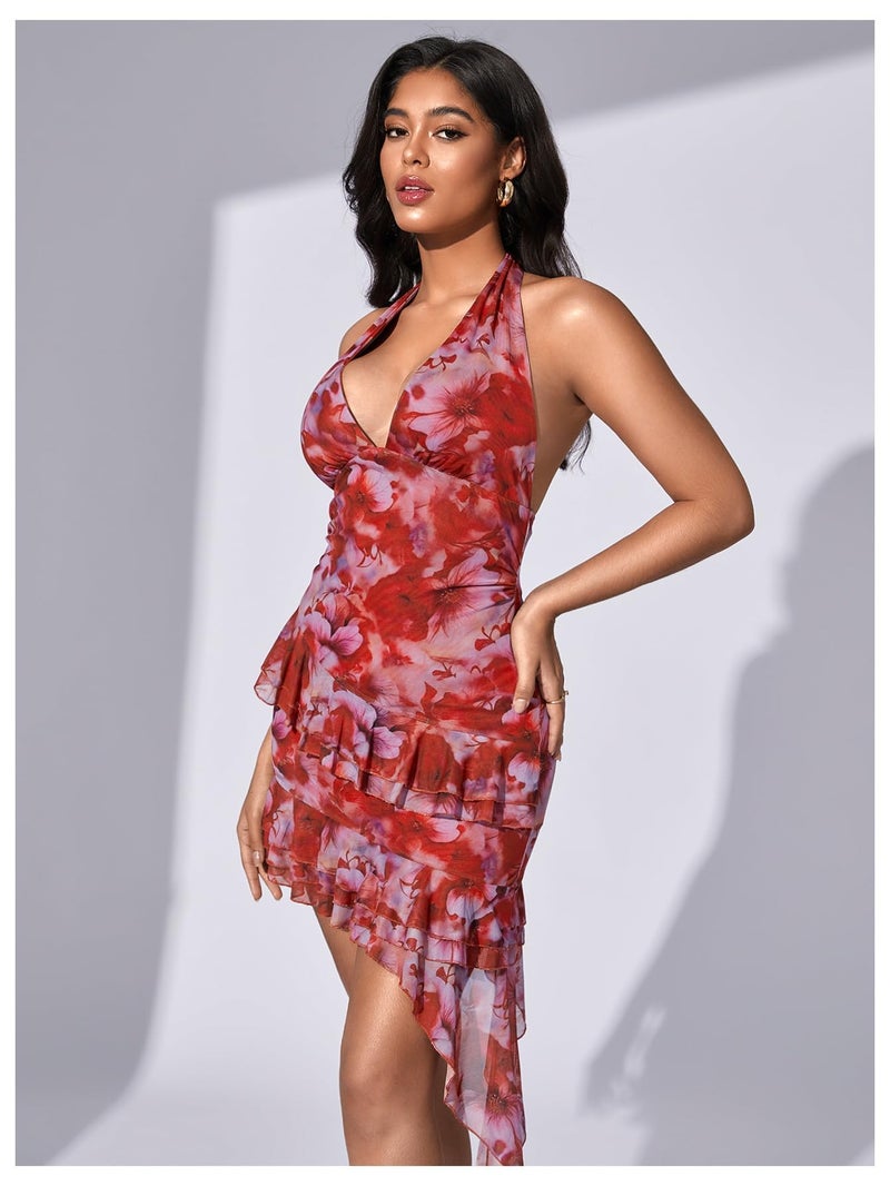 Verdusa Women's Y2k Halter Mini Dress Mesh Sexy Floral Ruffle Backless Wedding Guest Summer Dresses Red Small - Image 4