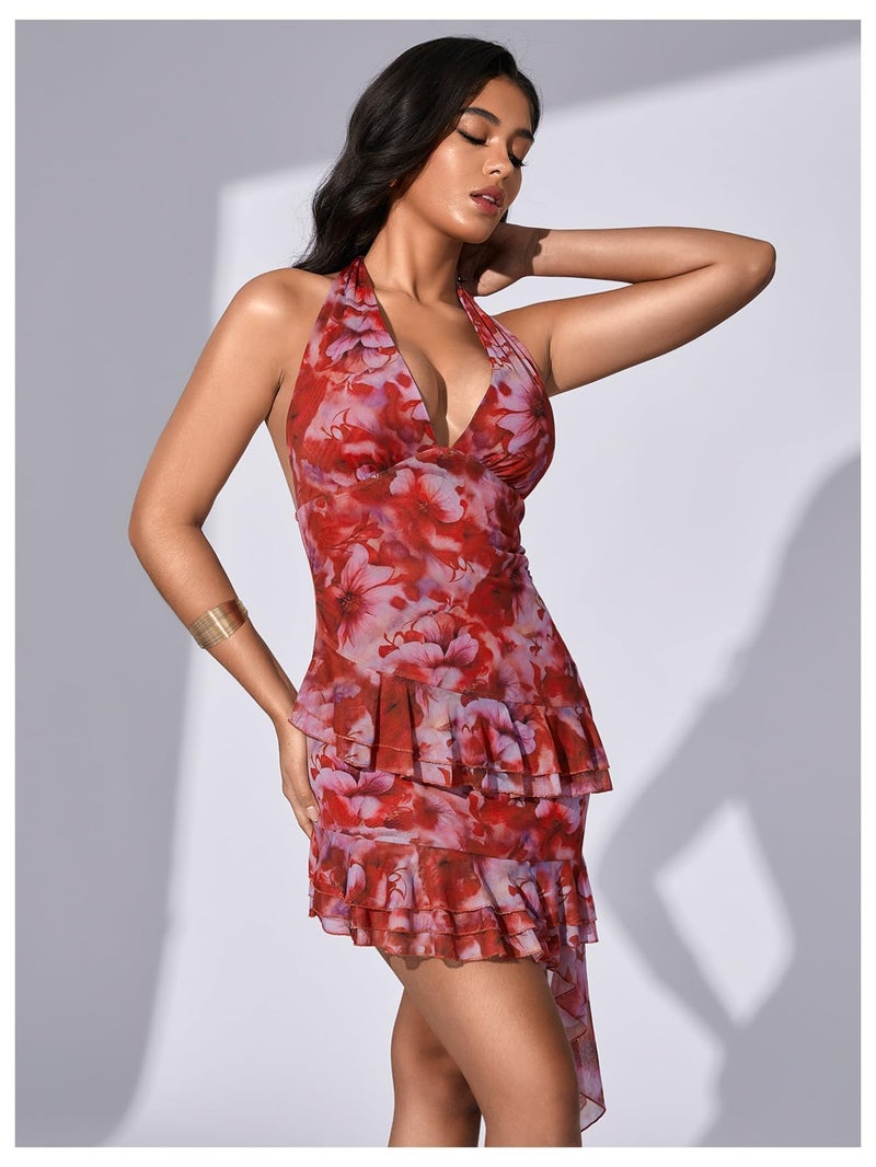 Verdusa Women's Y2k Halter Mini Dress Mesh Sexy Floral Ruffle Backless Wedding Guest Summer Dresses Red Small - Image 5