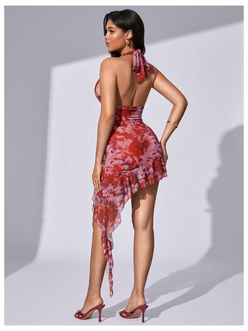 Verdusa Women's Y2k Halter Mini Dress Mesh Sexy Floral Ruffle Backless Wedding Guest Summer Dresses Red Small - Image 2