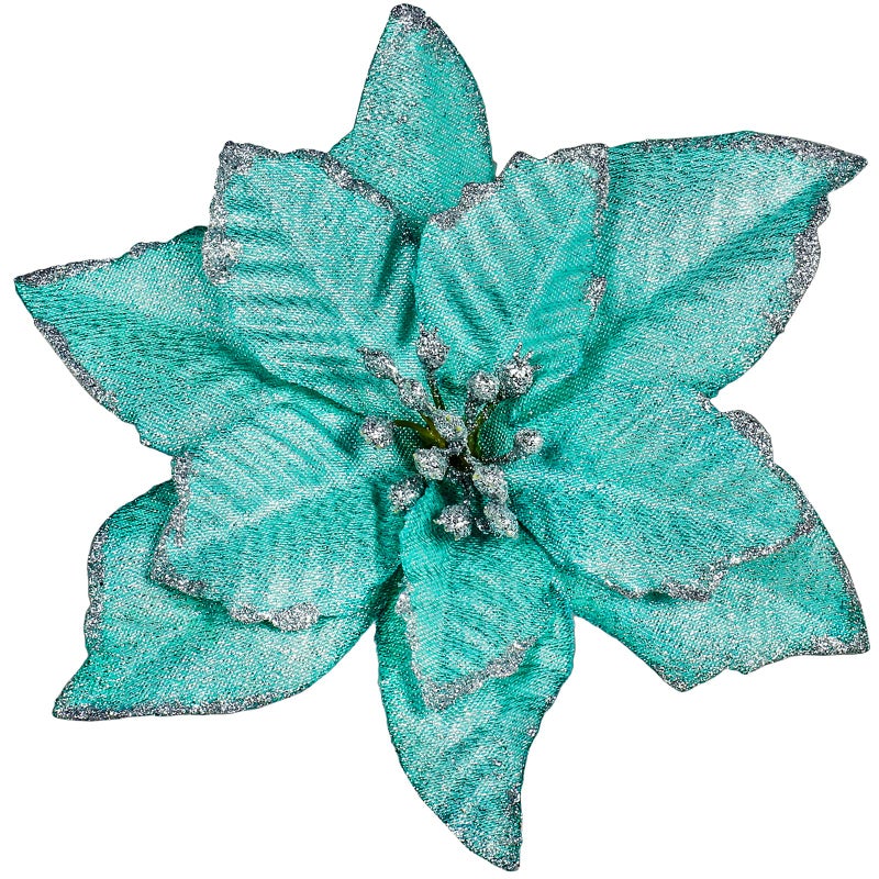 Winlyn 24 Pcs Teal Glitter Artificial Christmas Poinsettia Flowers Picks Christmas Tree Ornaments for Teal Blue Christmas Tree Wreaths Garland Holiday Seasonal Wedding Decor White Gift Box Included - Image 1