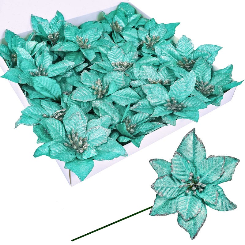 Winlyn 24 Pcs Teal Glitter Artificial Christmas Poinsettia Flowers Picks Christmas Tree Ornaments for Teal Blue Christmas Tree Wreaths Garland Holiday Seasonal Wedding Decor White Gift Box Included - Image 3