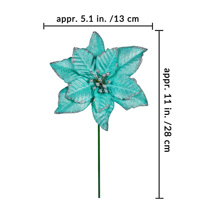 Winlyn 24 Pcs Teal Glitter Artificial Christmas Poinsettia Flowers Picks Christmas Tree Ornaments for Teal Blue Christmas Tree Wreaths Garland Holiday Seasonal Wedding Decor White Gift Box Included - Image 2
