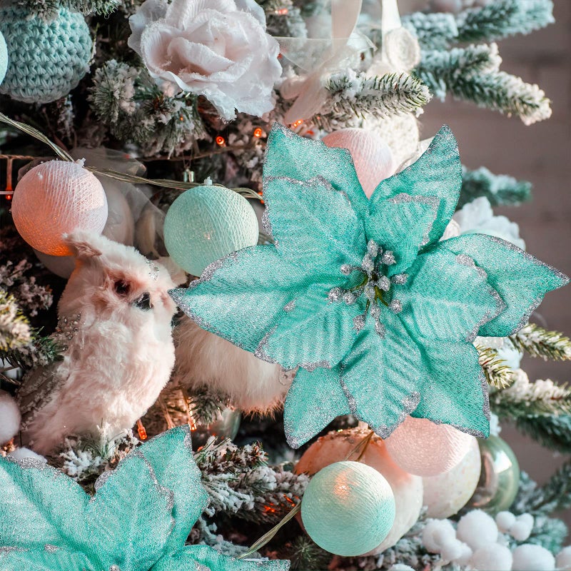 Winlyn 24 Pcs Teal Glitter Artificial Christmas Poinsettia Flowers Picks Christmas Tree Ornaments for Teal Blue Christmas Tree Wreaths Garland Holiday Seasonal Wedding Decor White Gift Box Included - Image 4