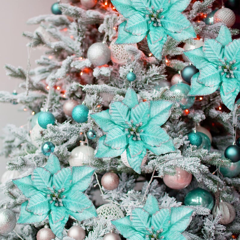 Winlyn 24 Pcs Teal Glitter Artificial Christmas Poinsettia Flowers Picks Christmas Tree Ornaments for Teal Blue Christmas Tree Wreaths Garland Holiday Seasonal Wedding Decor White Gift Box Included - Image 5