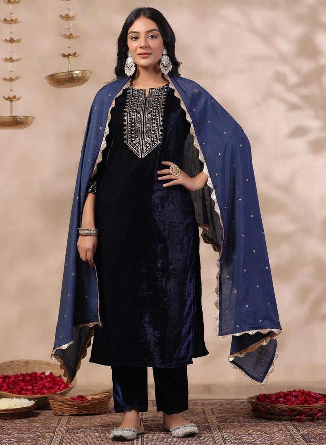 Ishin Navy Blue Velvet Kurta with Pants and Dupatta Set - Image 1