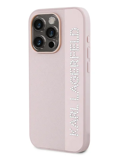 كارل لاغرفيلد جراب صلب من جلد سافيانو مع شعار ممدود لهاتف iPhone 16 Pro Max/ واقي كاميرا الكمبيوتر/ شعار Karl Diamond/ خفيف الوزن - وردي