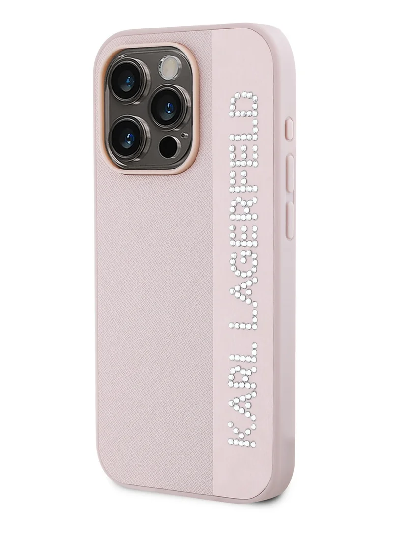 كارل لاغرفيلد جراب صلب من جلد سافيانو مع شعار ممدود لهاتف iPhone 16 Pro Max/ واقي كاميرا الكمبيوتر/ شعار Karl Diamond/ خفيف الوزن - وردي