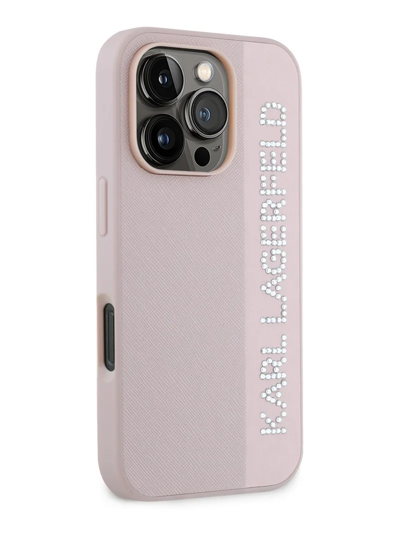 كارل لاغرفيلد جراب صلب من جلد سافيانو مع شعار ممدود لهاتف iPhone 16 Pro Max/ واقي كاميرا الكمبيوتر/ شعار Karl Diamond/ خفيف الوزن - وردي